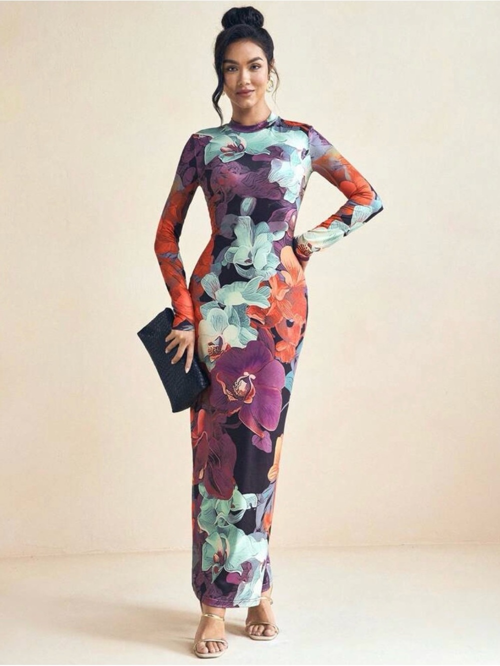 SHEIN Floral Long Sleeve Maxi Dress - Purple, Black, Teal & Orange - Picture 2 of 6
